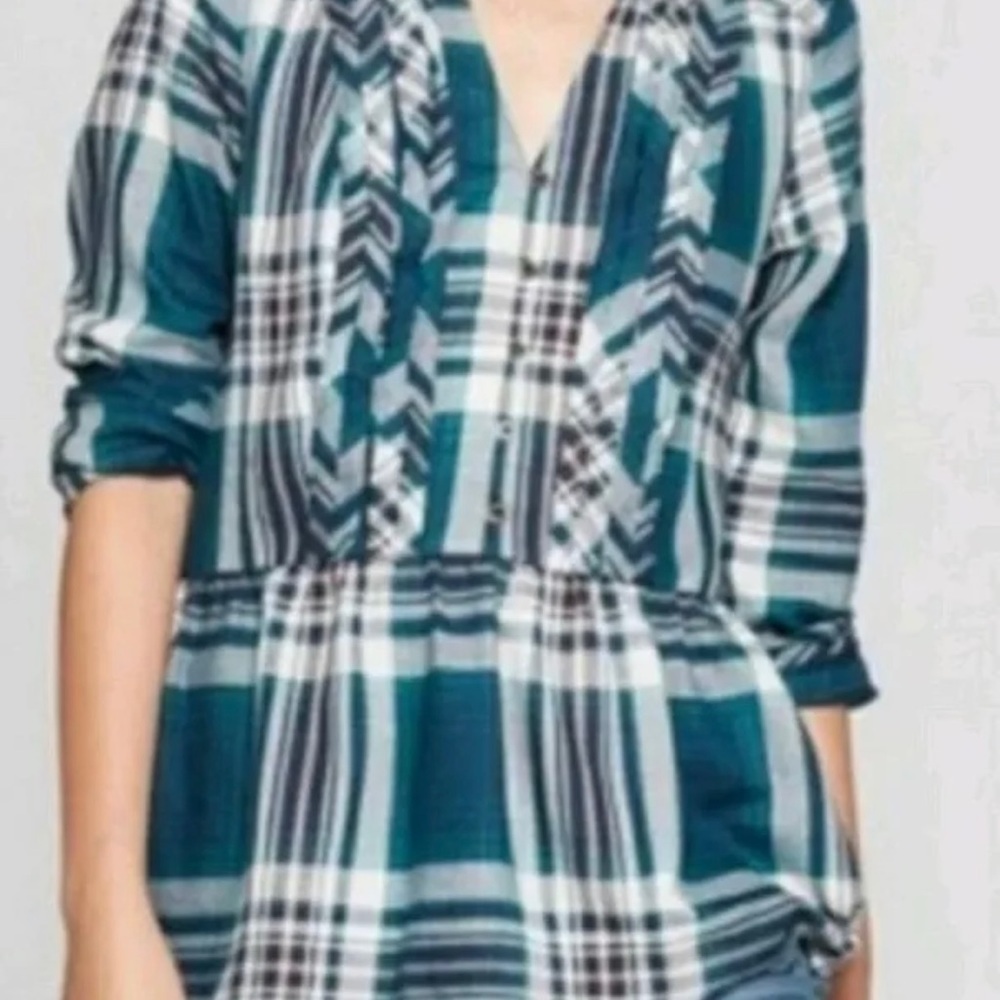 Knox Rose Peplum 3/4 Popover Ruffle Plaid Raw Hem - Picture 2 of 8